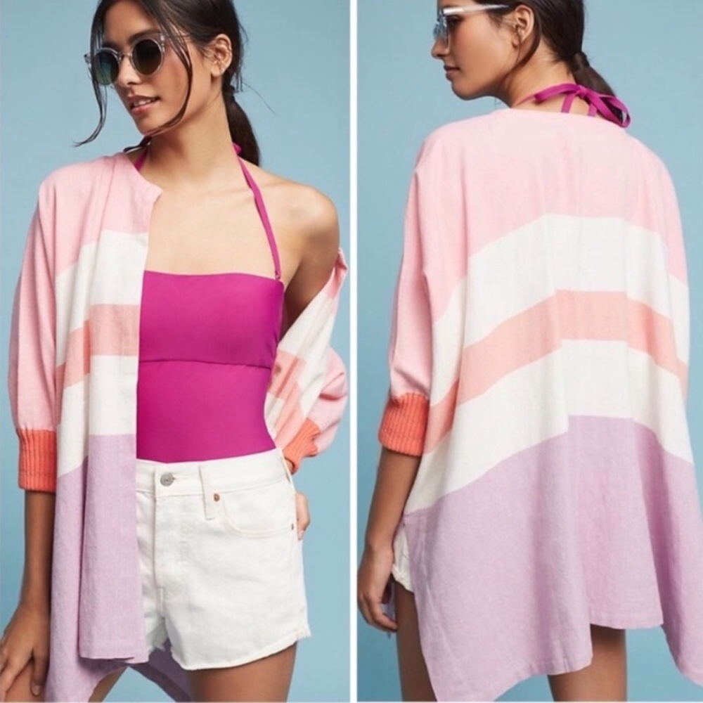 New Anthropologie Hei Hei Striped Kimono Coverup Beach Purple Pink White Cotton